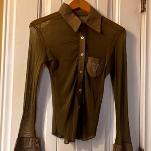 Sheer Button-Up collar Blouse dark olive color size S